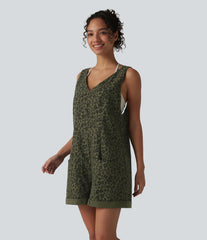 Adjustable Straps Rolled Hem Leopard Print Casual Short Overall with Pockets