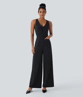 V Neck Sleeveless Cut Out Pockets Wide Leg Stripe InstantCool Work Jumpsuit
