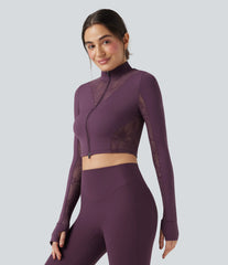 SoftlyZero™ Thumb Holes Contrast Lace Double Zipper Yoga Jacket-UPF50+