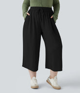 High Waisted Drawstring Wide Leg Cropped Casual Linen-Feel Plus Size Pants with Pockets