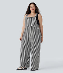 Plus Size Stripe Waffle Overalls with Pockets
