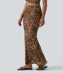 Mid Rise Ruched Mesh Leopard Print Maxi Party Mermaid Skirt