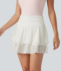 High Waisted Drawstring 2-in-1 Casual Tiered Lace Skirt