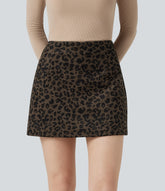 High Waisted 2-in-1 A Line Mini Leopard Print Corduroy Casual Skirt