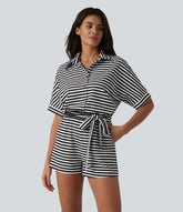 Half Sleeve Belted Stripe Waffle Casual Romper with Pockets-Easy Peezy Edition