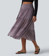 Crossover High Waisted 2-in-1 Breathable Mesh Midi Flowy Casual Tiered Skirt with Pockets