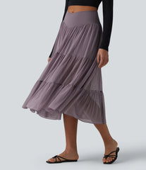 Crossover High Waisted 2-in-1 Breathable Mesh Midi Flowy Casual Tiered Skirt with Pockets