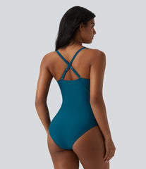 Queen Anne Neck Adjustable Straps Twisted Ruched Push-Up Tummy Control One Piece Swimsuit