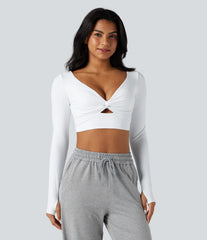 SoftlyZero™ Airy V Neck Cut Out Long Sleeve Thumb Hole InstantCool Cropped Yoga Sports Top-UPF50+