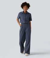 Short Sleeve Work Jumpsuit with Pockets-Easy Pezzy Edition