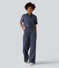 Short Sleeve Work Jumpsuit with Pockets-Easy Pezzy Edition