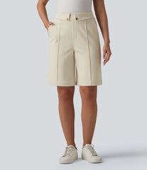 DayStretch High Waisted Straight Leg Work Bermuda Shorts with Pockets