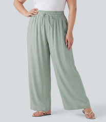 Plus Size High Waisted Drawstring Wide Leg Casual Linen-Blend Pants with Pockets