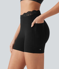 Halara UltraSculpt™ V-Shaped High Waisted Contrast Lace Yoga Biker Shorts 5'' with Pockets