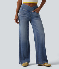 Halara Flex™ Crossover High Waisted Draped Lyocell Washed Casual Baggy Jeans with Pockets