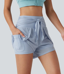 SoftlyZero™ Airy High Waisted Tie Front Contrast Mesh 2-in-1 InstantCool Running Shorts 3" with Pockets-UPF50+