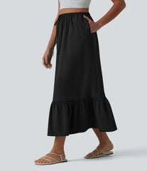 High Waisted Drawstring Ruffle Hem A-line Midi Stretchy Poplin Casual Skirt with Pockets