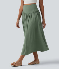 Ribbed Knit High Waisted Tummy Control Flowy Midi Casual Linen-Blend Skirt