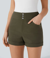 High Waisted Rolled Hem Casual Skinny Shorts with Pockets
