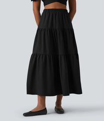 High Waisted A-Line Stretchy Poplin Midi Casual Skirt with Pockets