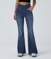 Halara Flex™ High Waisted Crossover Pocket Washed Casual Flare Jeans