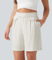 High Waisted Casual Linen-Blend Shorts 6'' with Pockets