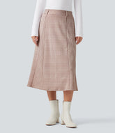 High Waisted A Line Houndstooth Plaid Midi Work Skirt with Pockets