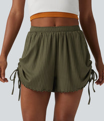 Ribbed Knit Mid Rise Drawstring Lettuce Trim Shorts 4'' with Pockets