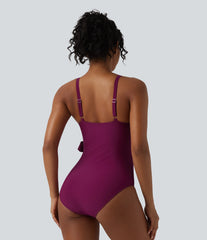 V Neck Tie Side Built-in Bra Tummy Control One Piece Swimsuit
