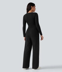Ribbed Henley Long Sleeve Casual Jumpsuit with Pockets-Easy Peezy