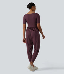 SoftlyZero™ Airy Scoop Neck Short Sleeve Built-in Bra InstantCool Casual Jumpsuit with Pockets-Easy Peezy Edition