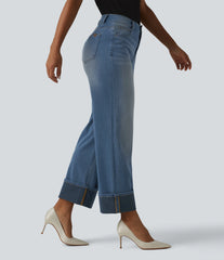 Halara Flex™ High Waisted Straight Leg Washed Casual Cuffed Jeans with Pockets