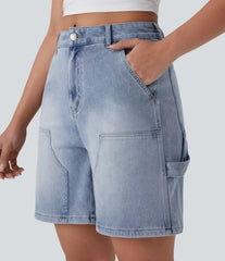 Halara Flex™ Mid Rise Pockets Washed Denim Casual Bermuda Shorts