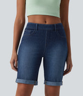 Halara Flex™ Mid Rise Rolled Hem Stripes Denim Casual Skinny Bermuda Shorts with Pockets