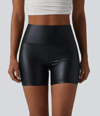 High Waisted Tummy Control Stretchy PU Casual Biker Shorts 5'' with Pockets