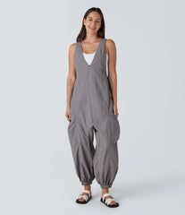 V Neck Sleeveless Drawstring Pockets Relax Cargo Jumpsuit