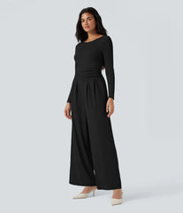 Boat Neck Long Sleeve Wide Leg Casual Jumpsuit with Pockets-Easy Peezy Edition