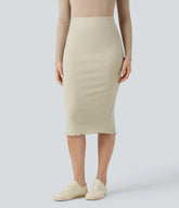 Ribbed Knit High Waisted Lettuce Trim Bodycon Midi Casual Skirt