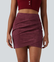 High Waisted Ruched Crossover Hem Bodycon Mini Suede Casual Skirt-Longer Length