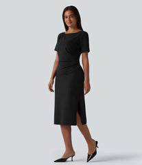 Halara Flex™ Denim Boat Neck Short Sleeve Ruched Split Midi Casual Dress