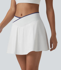 Mid Rise Color Block Crossover 2-in-1 Mini Tennis Skirt with Pockets