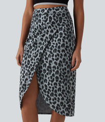 High Waisted Ruched Midi Leopard Print Waffle Casual Tulip Skirt