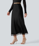 High-waisted Satin Contrast Lace Midi Casual A-Line Skirt