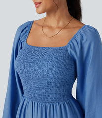 Square Neck Puff Long Sleeve Casual Jumpsuit with Pockets