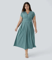 Breezeful™ V Neck Short Sleeve Pocket Tie Back Quick Dry Midi Casual Plus Size Dress