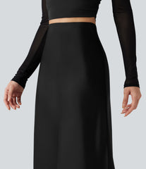 High-waisted Satin Contrast Lace Midi Casual A-Line Skirt