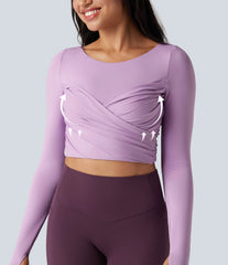 Push-Up Molded Spacer Scoop Neck Long Sleeve Thumb Holes Crossover Cropped Yoga Sports Top