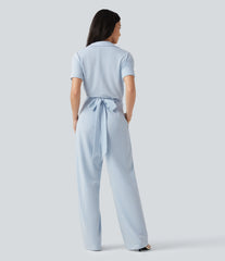 Short Sleeve Wrapped Tie Back Stripe Crinkle Cotton Casual Shirt Jumpsuit with Pockets-Easy Peezy Edition