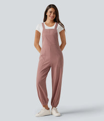 Square Neck Waffle Casual Tapered Overalls with Pockets