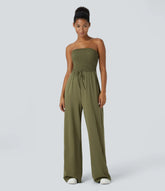 Tube Shirred Knot Pocket Wide Leg Casual Jumpsuit